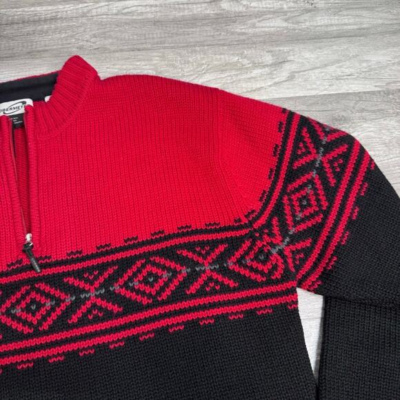 Obermeyer Wool Sweater Men’s Large Red Black Fair Isle Thick Quarter Zip Winter - Picture 2 of 5